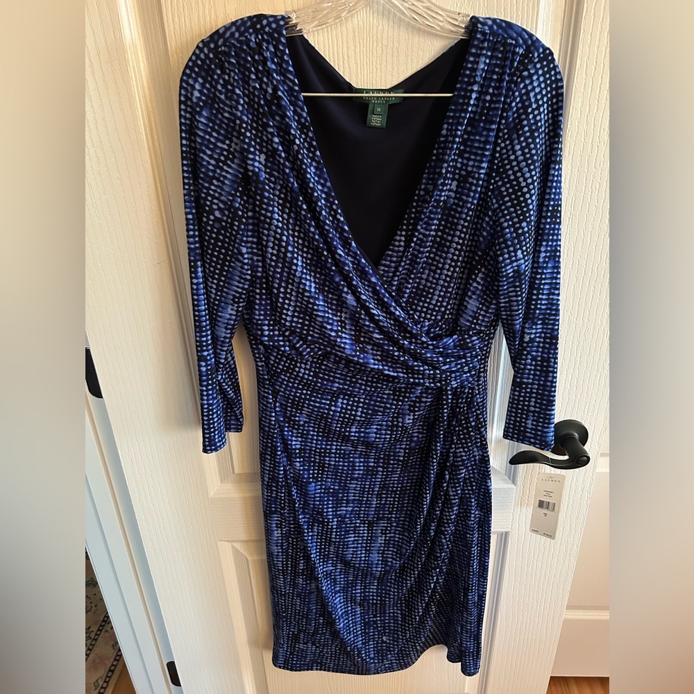 NWT Ralph Lauren Navy Patterned Long Sleeve Dress